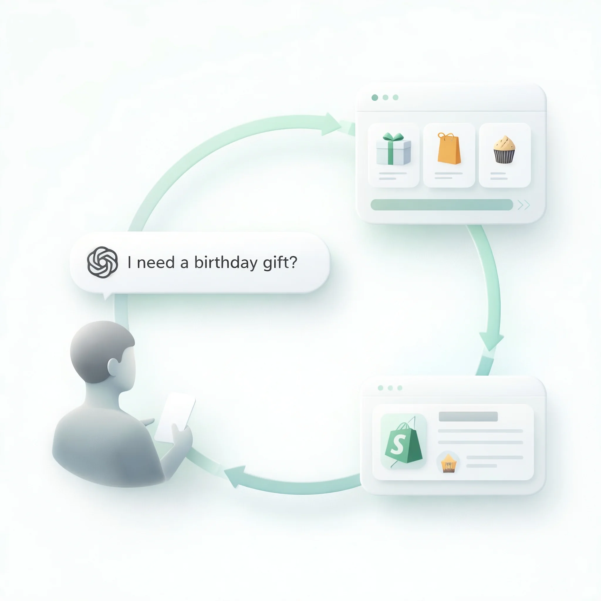 Stylized illustration of a shopper exploring questions across search and AI discovery